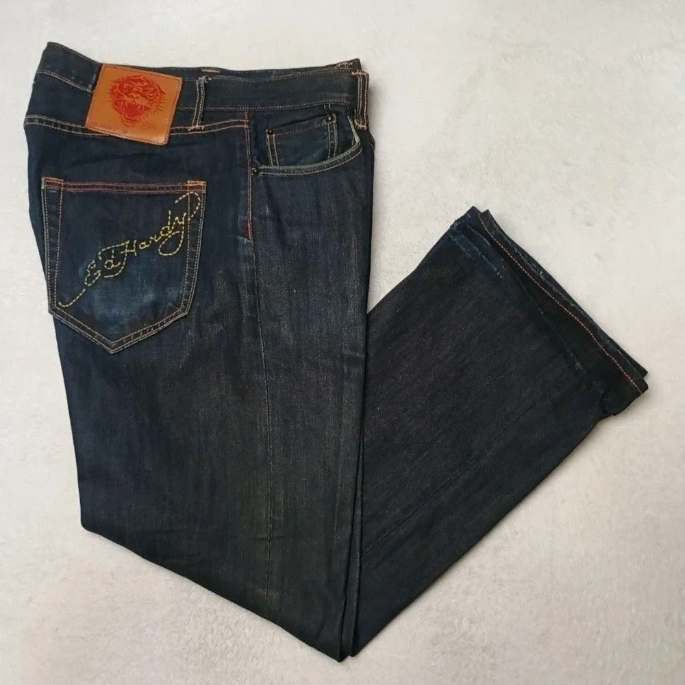 Ed Hardy Jeans Men 38x32 Blue Straight Relaxed Button Fly Distressed Embroidered